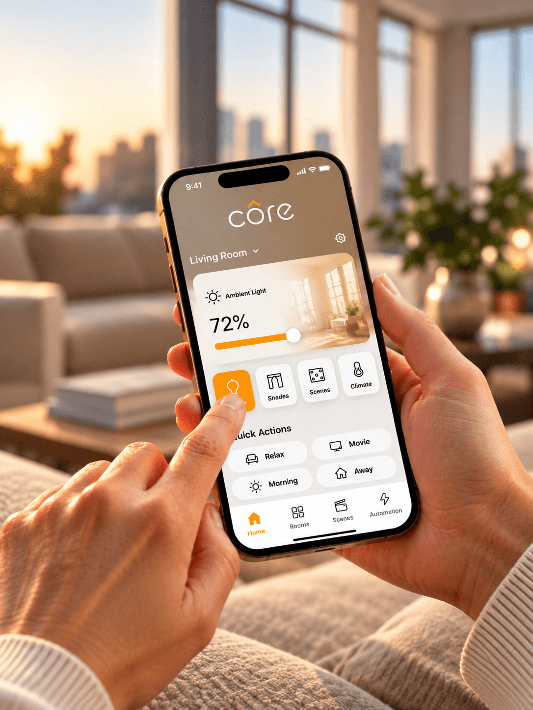 The CORE app running on a phone in a living room — Living Room dashboard with ambient light, scenes and quick actions